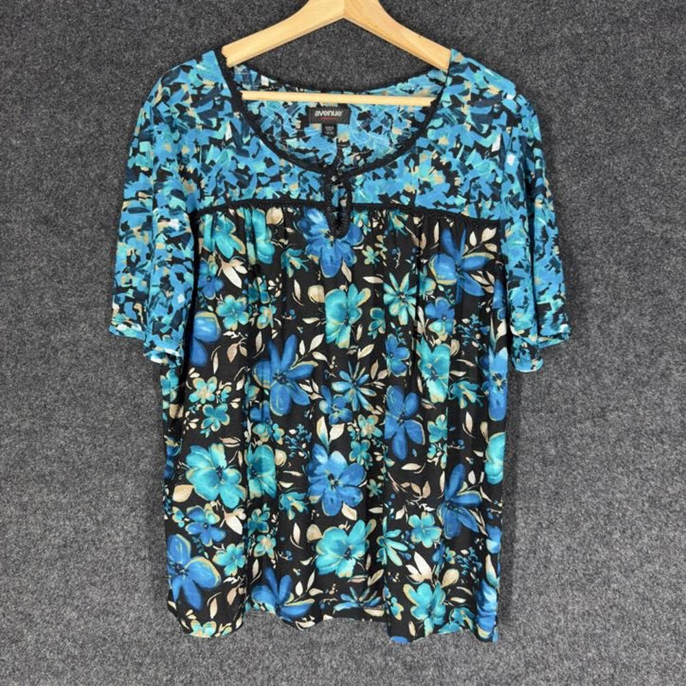 Avenue Blouse Women 18/20 Plus Black Floral Short Sleeve Round Neck Casual